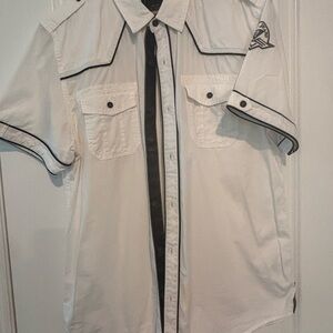 GUESS White Short-Sleeve Button-Down Shirt with Black Trim